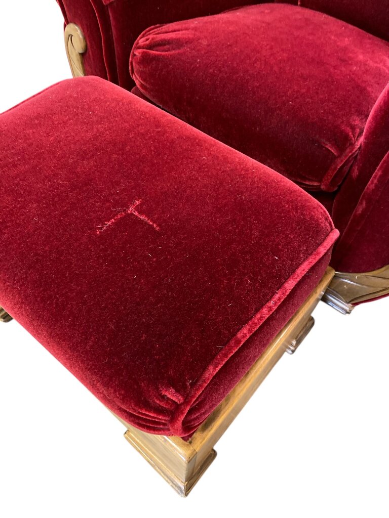 Art Deco Red Velvet Armchair and Ottoman
