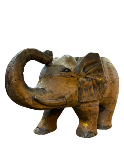 Vintage Carved Elephant with Antique Indian Brass Tray Top