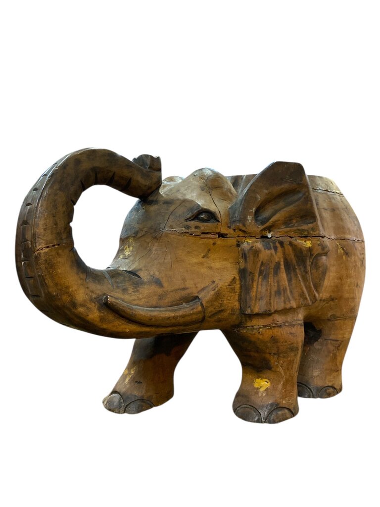 Vintage Carved Elephant with Antique Indian Brass Tray Top