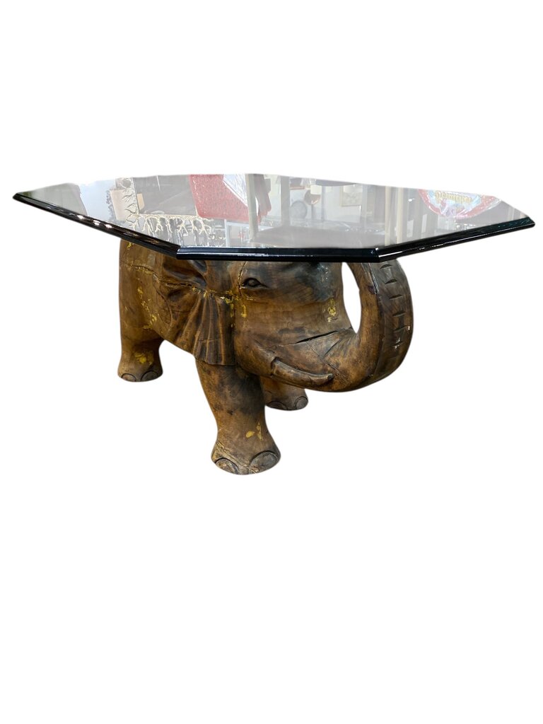 Vintage Carved Elephant with Antique Indian Brass Tray Top