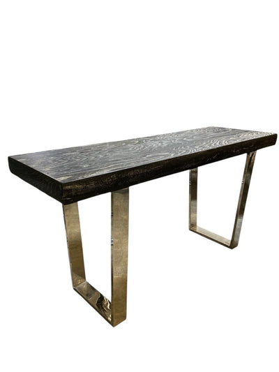 Modern Black Cerused Wood Console Table with Polished Steel Legs