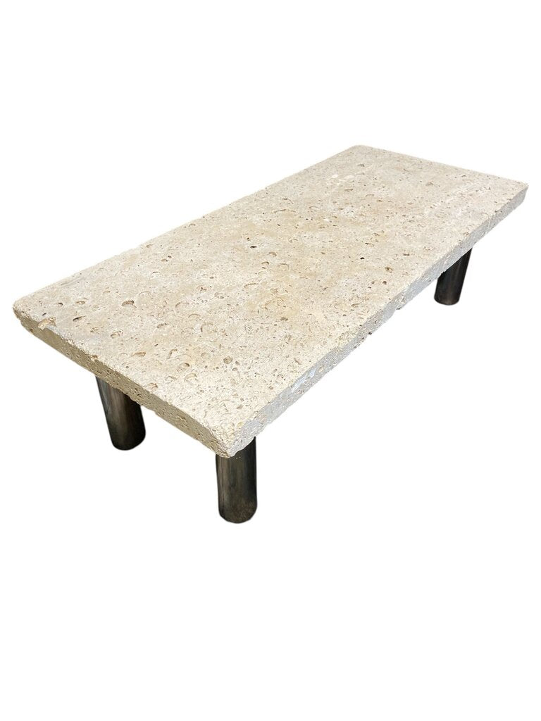 Vintage Stone Coffee Table w/Wide Chrome Cylinder Legs