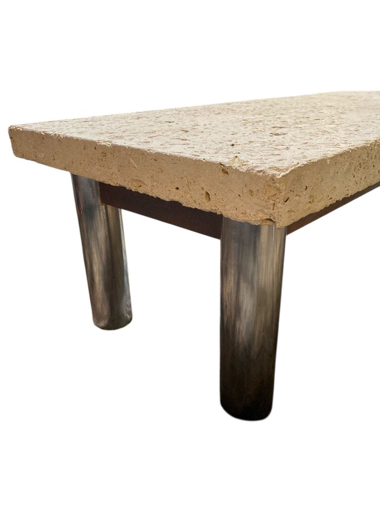 Vintage Stone Coffee Table w/Wide Chrome Cylinder Legs