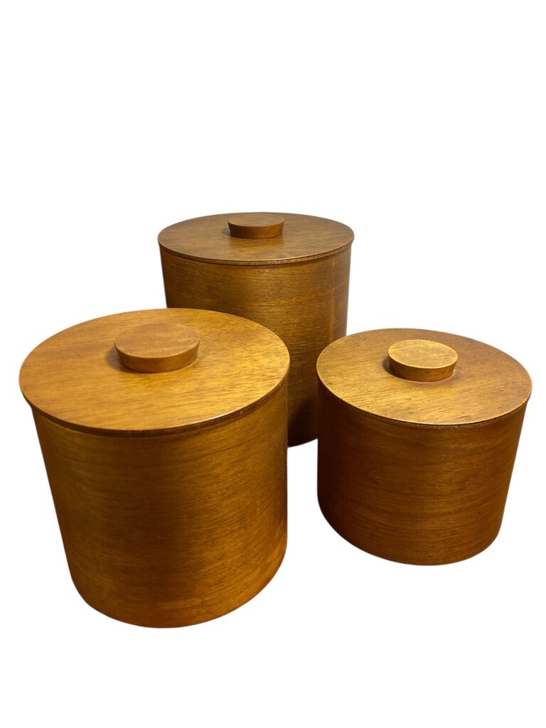 Danish Modern Stacking Teak Canisters with rare plastic liners.