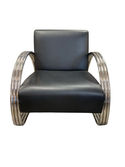 Theodore Alexander Chrome and Black Leather “The Hudson Street” Lounge Chair