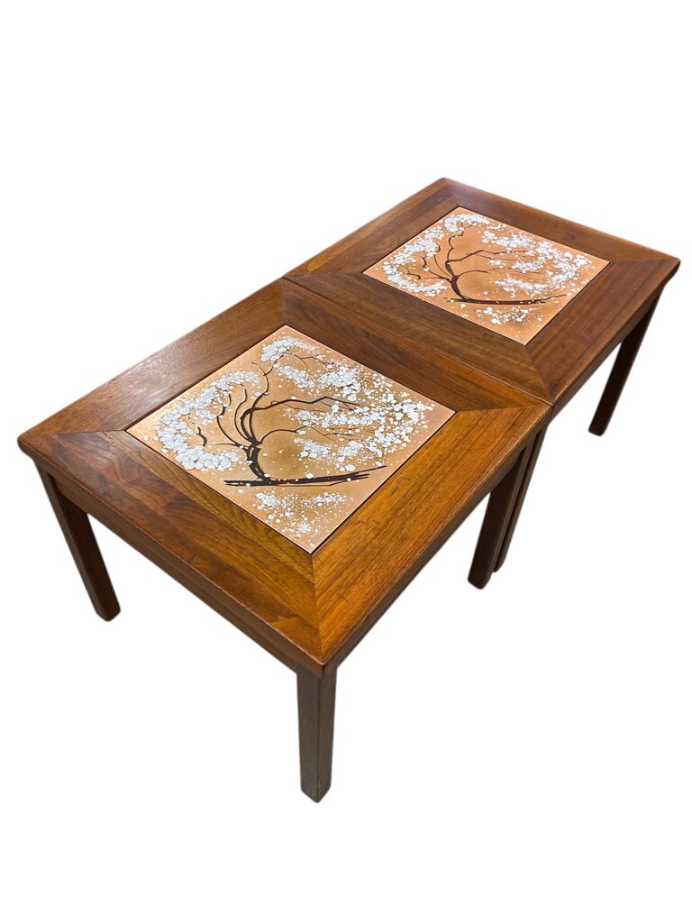 Mid Century Pair of Snowbell Tree Tile Top and Walnut Side Tables by John Keal for Brown Saltman (Set of 2)