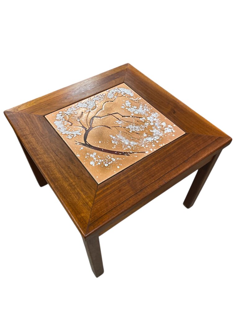 Mid Century Pair of Snowbell Tree Tile Top and Walnut Side Tables by John Keal for Brown Saltman (Set of 2)
