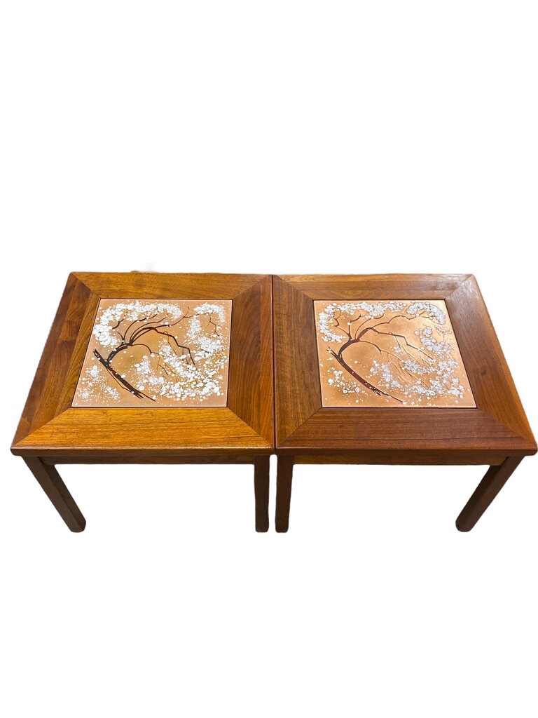 Mid Century Pair of Snowbell Tree Tile Top and Walnut Side Tables by John Keal for Brown Saltman (Set of 2)