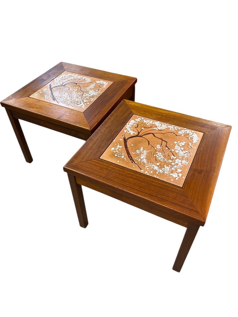 Mid Century Pair of Snowbell Tree Tile Top and Walnut Side Tables by John Keal for Brown Saltman (Set of 2)