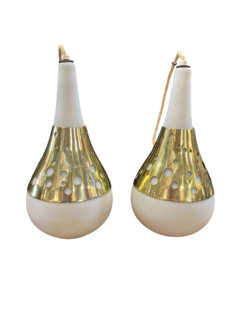 Mid Century Pair of Teardrop Pendant Lights in Frosted White Glass and Brass (Set of 2)