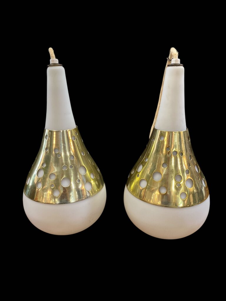 Mid Century Pair of Teardrop Pendant Lights in Frosted White Glass and Brass (Set of 2)