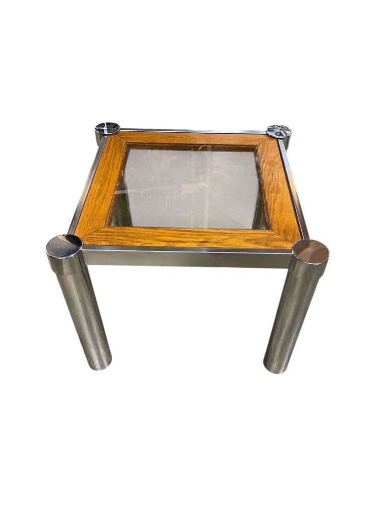 Mid Century 60's Smoke Glass, Chrome and Wood Side Table