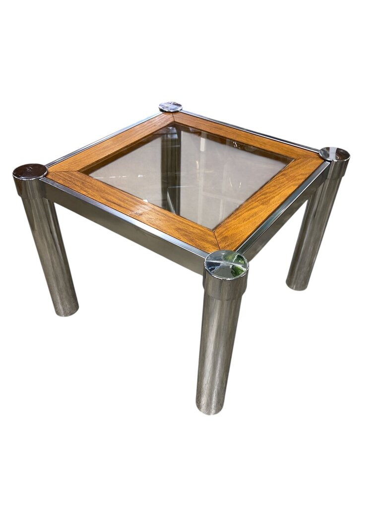 Mid Century 60's Smoke Glass, Chrome and Wood Side Table