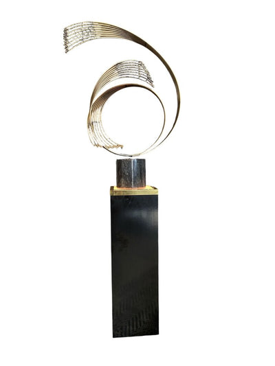 Curtis Jere 1990 Brass Brutalist Sculpture with Custom Lighted Pedestal