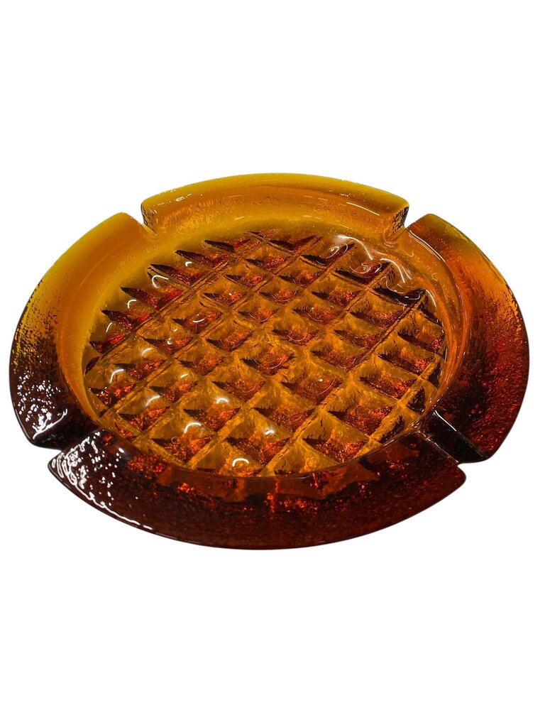 1960's Brutalist Blenko Amber-Wheat Waffle Glass Ashtray by Joel Myers