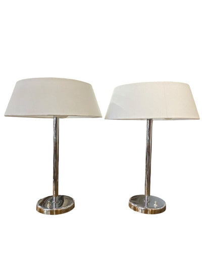 Walter Von Nessen Mid Century Pair of Bauhaus Chrome Table Lamps with Fully Restored Shades in White Linen (Set of 2)