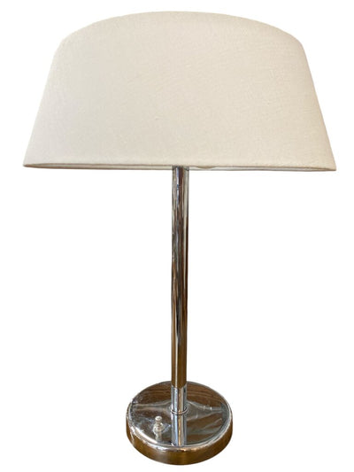 Walter Von Nessen Mid Century Pair of Bauhaus Chrome Table Lamps with Fully Restored Shades in White Linen (Set of 2)