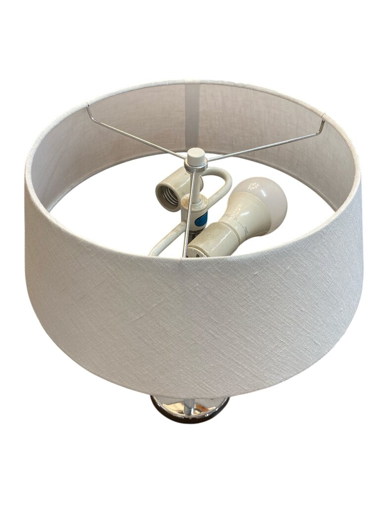 Walter Von Nessen Mid Century Pair of Bauhaus Chrome Table Lamps with Fully Restored Shades in White Linen (Set of 2)