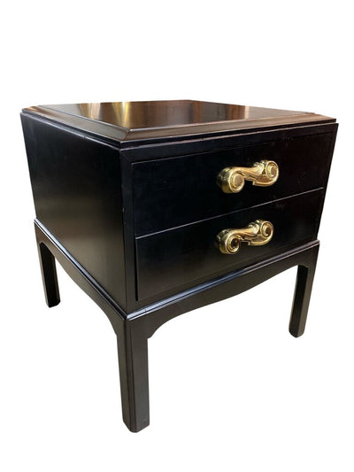 Dramatic Hollywood Regency Ebonized Pair of Nightstands with Stylish Pulls (Set of 2)