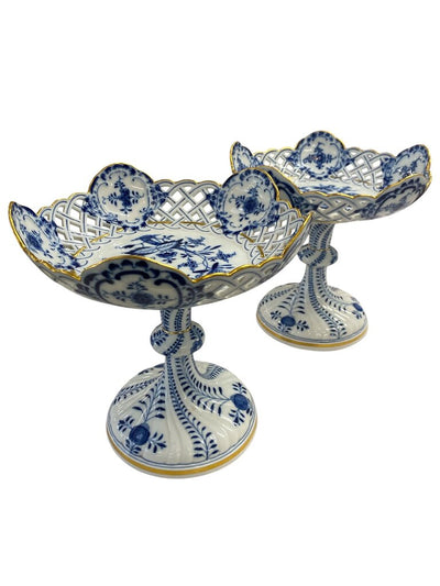 Vintage Pair of Colin Meissen Compote Dishes in Blue Onion Pattern with Reticulated Details (Set of 2)