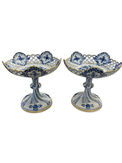 Vintage Pair of Colin Meissen Compote Dishes in Blue Onion Pattern with Reticulated Details (Set of 2)
