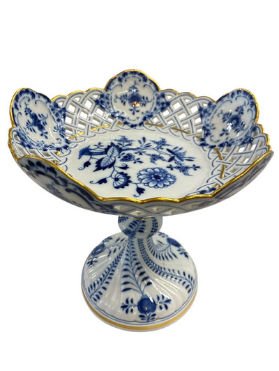 Vintage Pair of Colin Meissen Compote Dishes in Blue Onion Pattern with Reticulated Details (Set of 2)