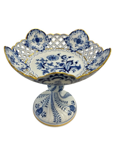 Vintage Pair of Colin Meissen Compote Dishes in Blue Onion Pattern with Reticulated Details (Set of 2)