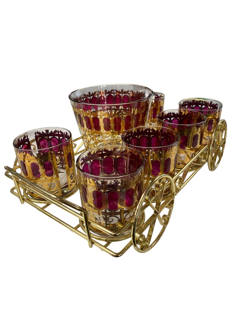 MCM Culver 8-Piece Cranberry/Gold Scroll Glasses and Ice Bucket Set