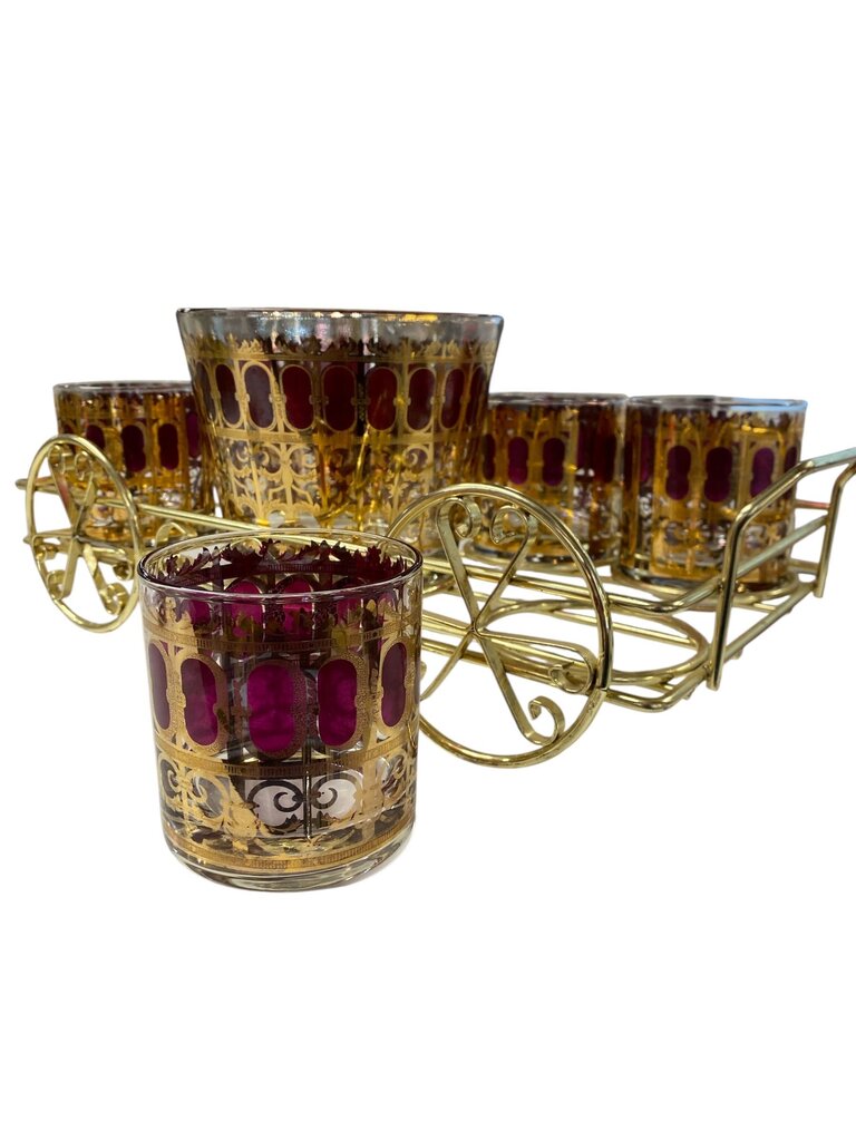 MCM Culver 8-Piece Cranberry/Gold Scroll Glasses and Ice Bucket Set