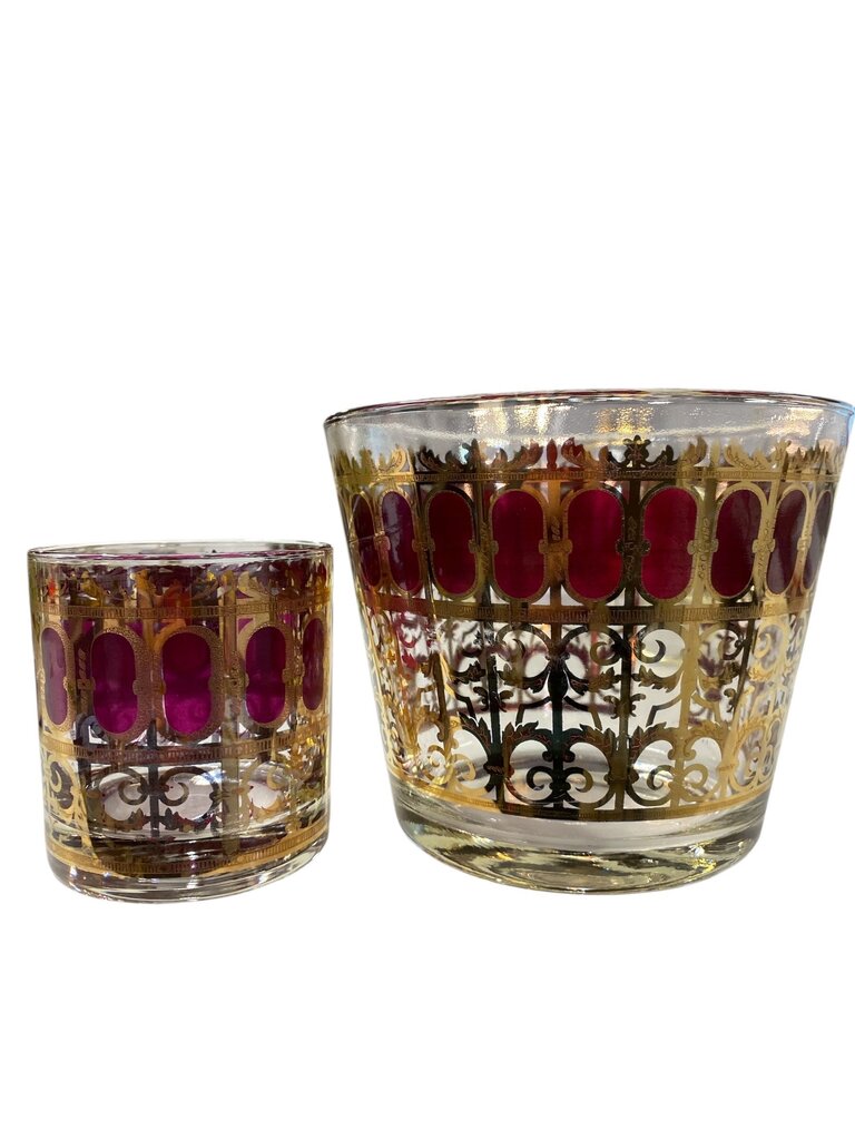MCM Culver 8-Piece Cranberry/Gold Scroll Glasses and Ice Bucket Set