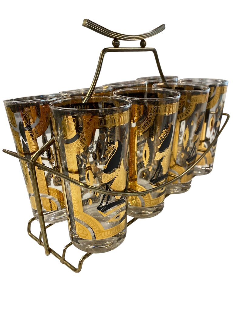 MCM Signed Fred Press 22K Gold 8-Piece Trojan Horse Highball and Caddy Set