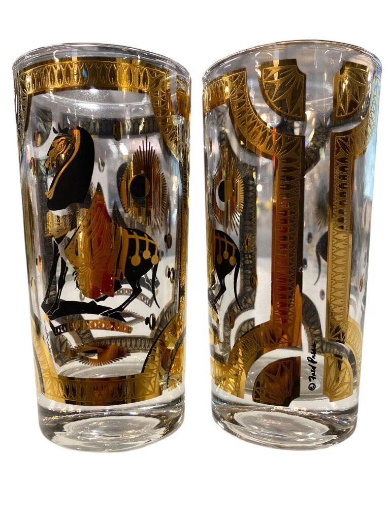 MCM Signed Fred Press 22K Gold 8-Piece Trojan Horse Highball and Caddy Set