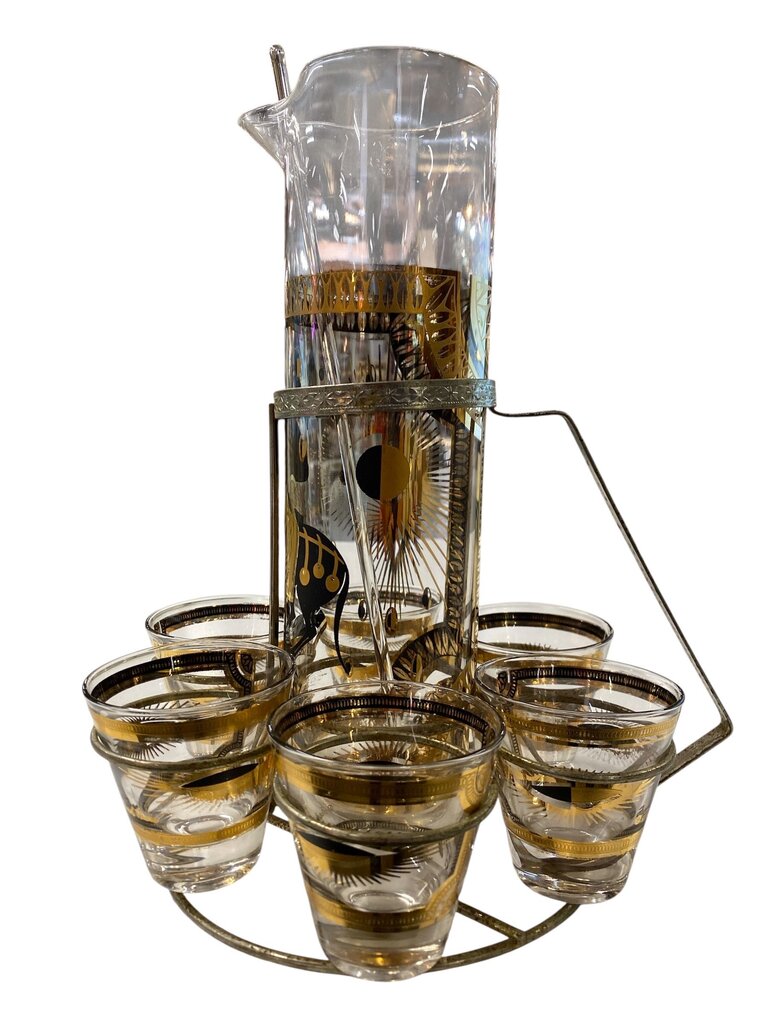 MCM Fred Press Signed 9-Piece Trojan Horse Pitcher and Cocktail Glass Set in Original Caddy