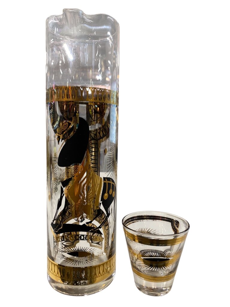 MCM Fred Press Signed 9-Piece Trojan Horse Pitcher and Cocktail Glass Set in Original Caddy