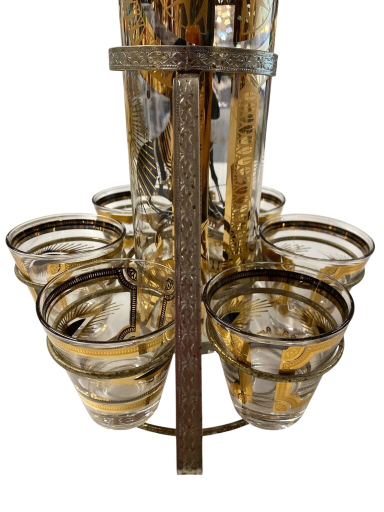 MCM Fred Press Signed 9-Piece Trojan Horse Pitcher and Cocktail Glass Set in Original Caddy