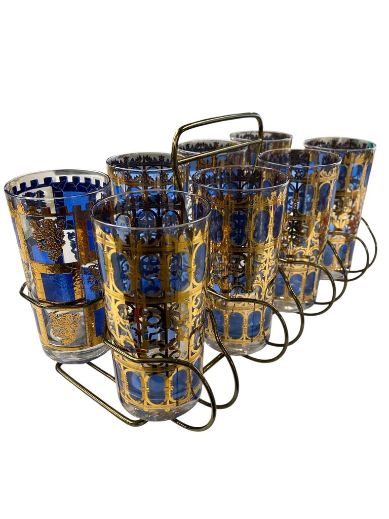 MCM Culver 9-Piece Highball Bar Set in Blue Azure Scroll Pattern (AS IS)