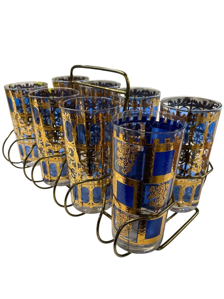 MCM Culver 9-Piece Highball Bar Set in Blue Azure Scroll Pattern (AS IS)