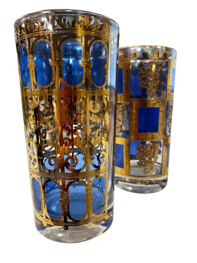 MCM Culver 9-Piece Highball Bar Set in Blue Azure Scroll Pattern (AS IS)