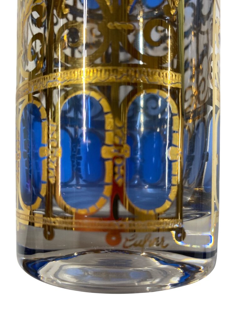 MCM Culver 9-Piece Highball Bar Set in Blue Azure Scroll Pattern (AS IS)