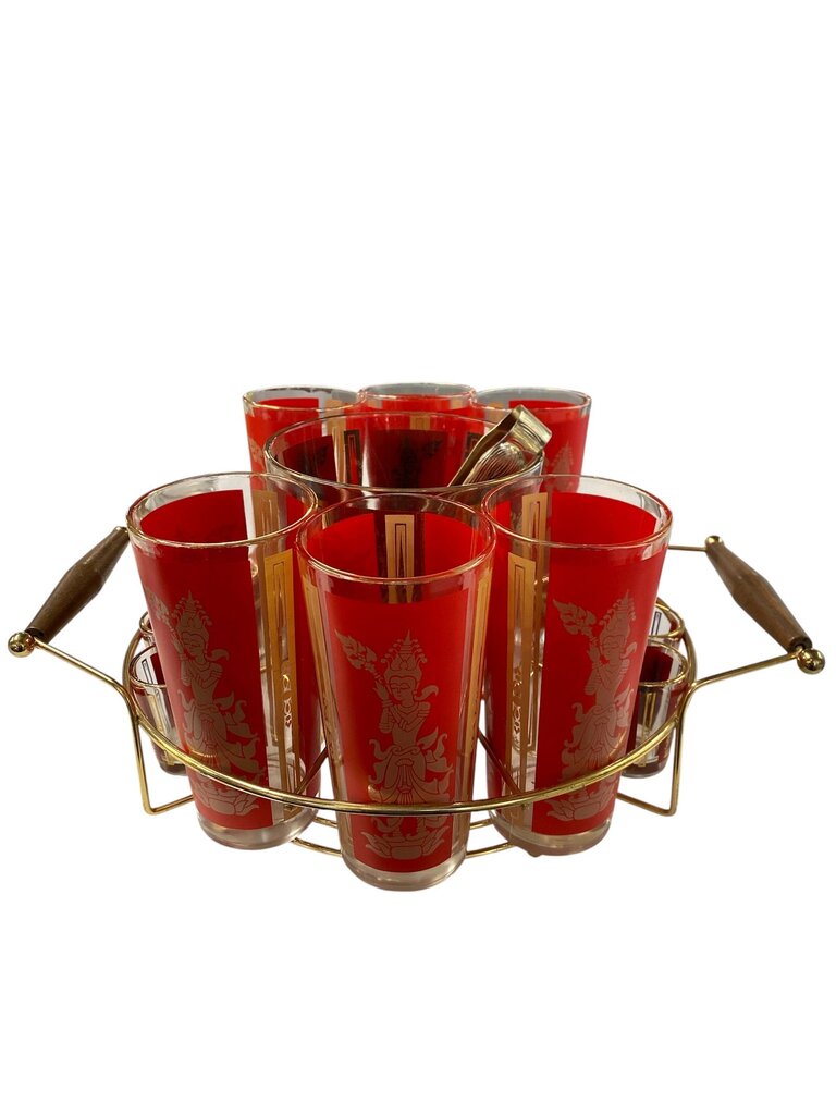 MCM Thai Goddess Lakshmi 15-Piece Red and Gold Highballs, Shot Glasses, Ice Bucket, Tongs and Carrying Caddy