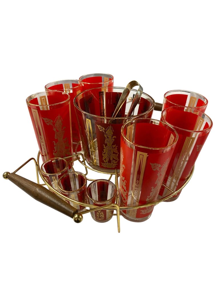 MCM Thai Goddess Lakshmi 15-Piece Red and Gold Highballs, Shot Glasses, Ice Bucket, Tongs and Carrying Caddy