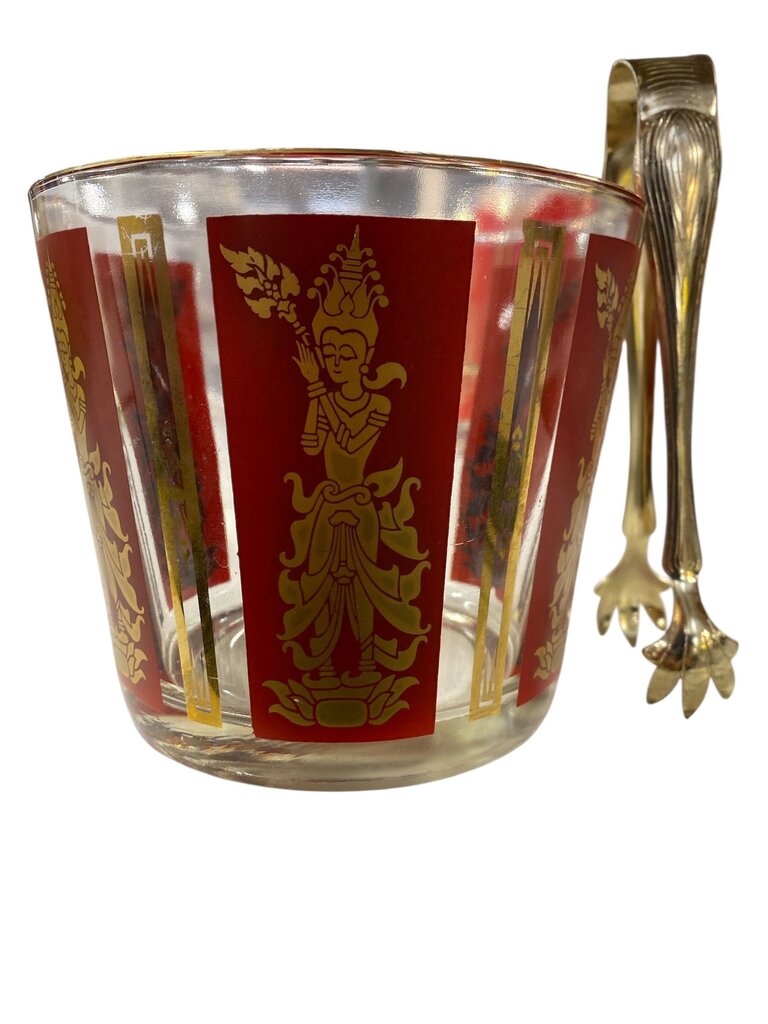 MCM Thai Goddess Lakshmi 15-Piece Red and Gold Highballs, Shot Glasses, Ice Bucket, Tongs and Carrying Caddy