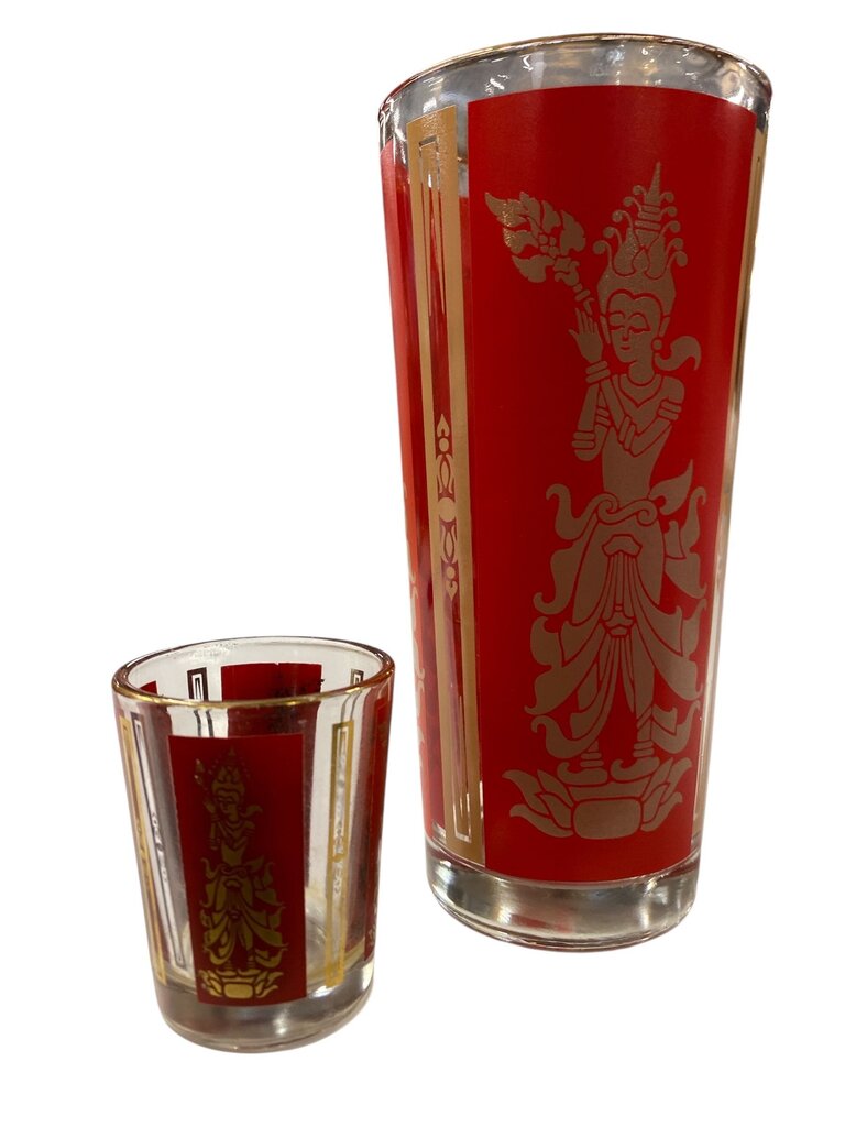 MCM Thai Goddess Lakshmi 15-Piece Red and Gold Highballs, Shot Glasses, Ice Bucket, Tongs and Carrying Caddy