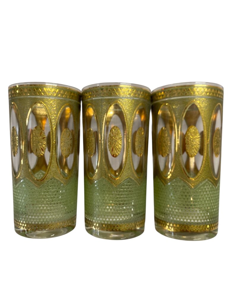 MCM Culver Regency Gold and Green Highball Glasses in Vintage Caddy (Set of 7)