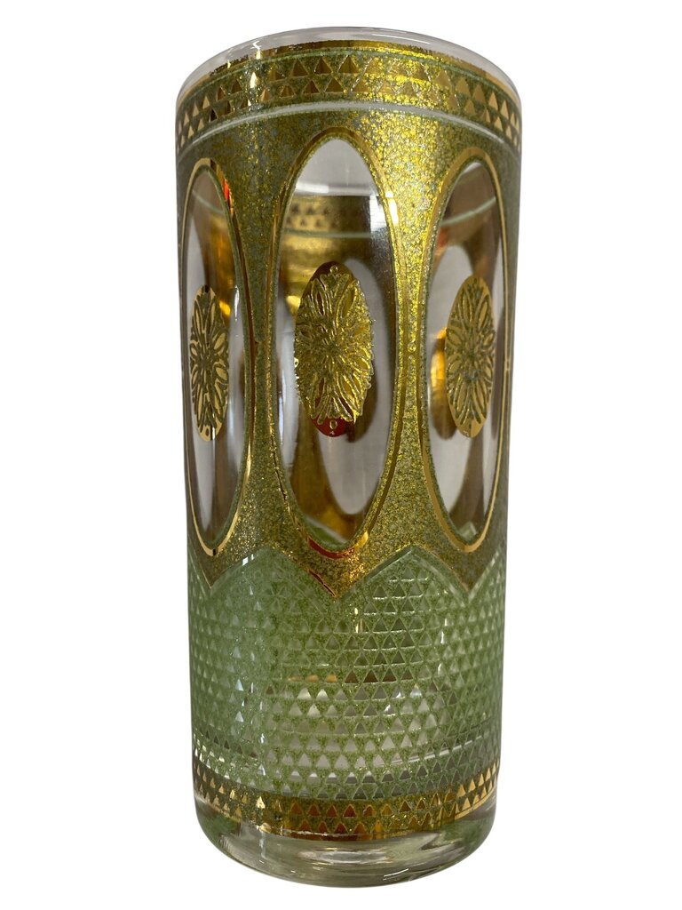 MCM Culver Regency Gold and Green Highball Glasses in Vintage Caddy (Set of 7)