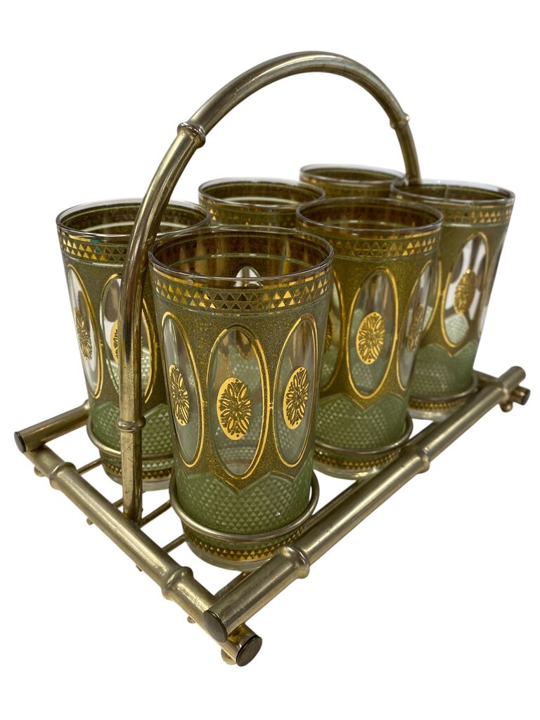 MCM Culver Regency Gold and Green Highball Glasses in Vintage Caddy (Set of 7)