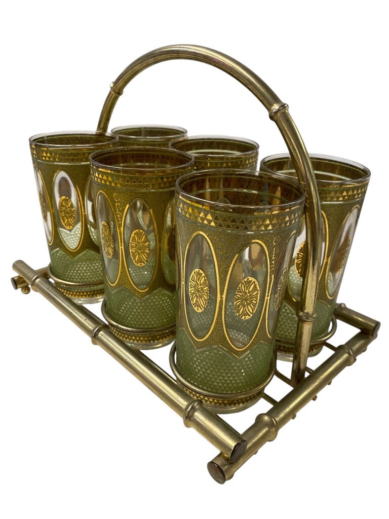 MCM Culver Regency Gold and Green Highball Glasses in Vintage Caddy (Set of 7)