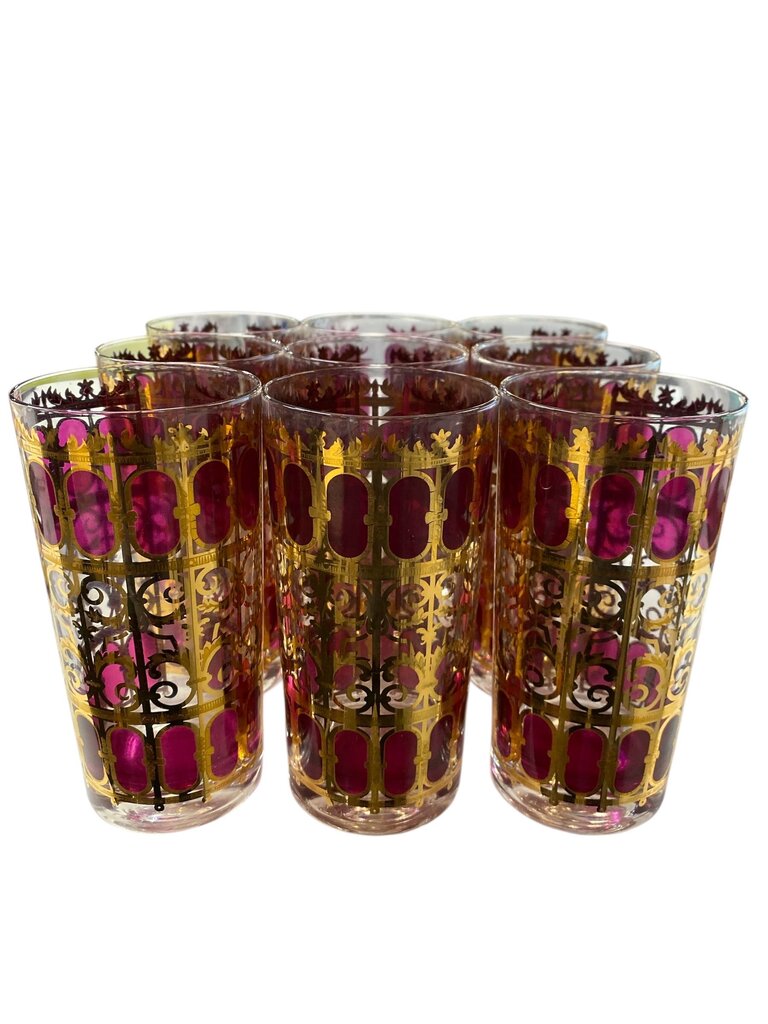 MCM Culver Cranberry Scroll Highball Glasses (Set of 9)