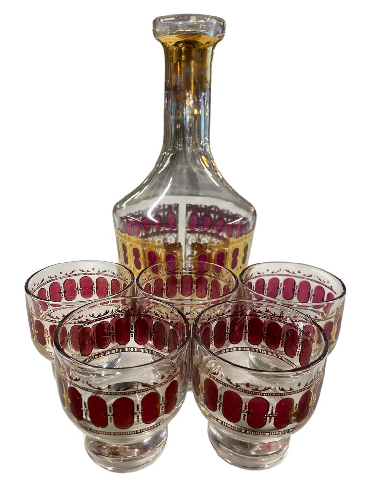 MCM Culver Cranberry Scroll 6-Piece Decanter and Roly Poly Lowball Glasses - AS IS (Set of 9)
