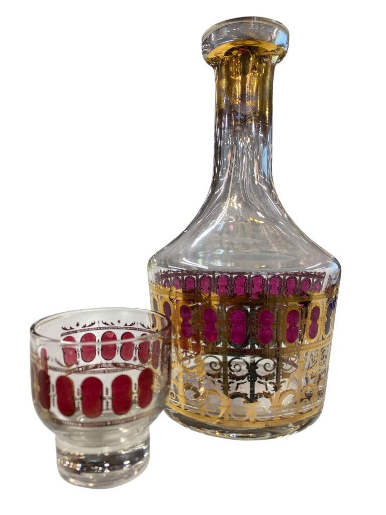 MCM Culver Cranberry Scroll 6-Piece Decanter and Roly Poly Lowball Glasses - AS IS (Set of 9)